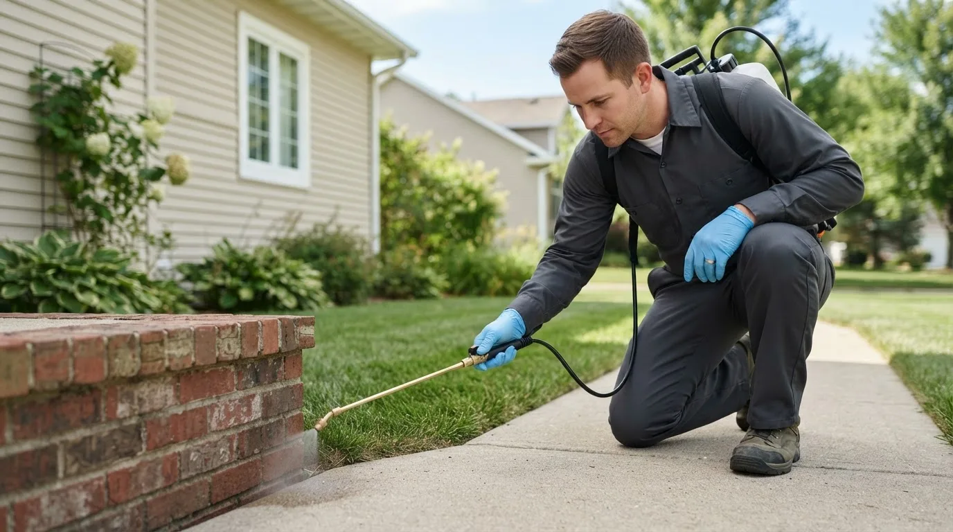 Pest control technician treating a home near Waterville, VT